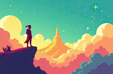 Fototapeta premium A person stands on a cliff, admiring a distant mountain peak surrounded by vibrant clouds under a starry sky at dusk. Generative AI