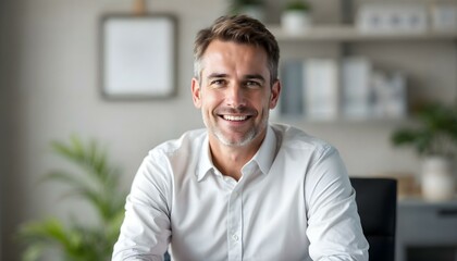 Fototapeta premium Happy businessman smiling while working from home office