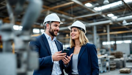 Smiling businesspeople wearing hardhats using smartphone in factory