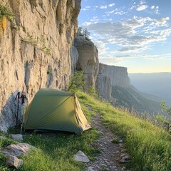 Tranquil Sunrise Scene with Green Tent Nestled Against Majestic Cliffs Overlooking Serene Valley and Expansive Blue Sky at Dawn