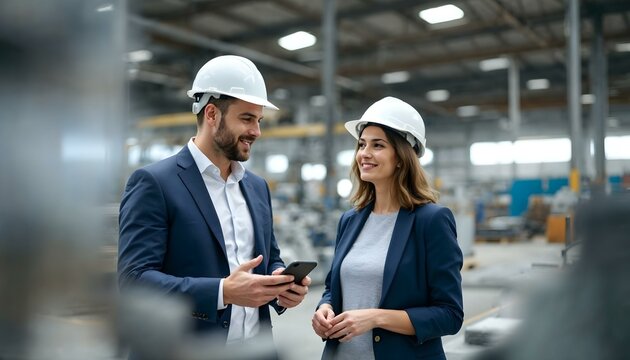 Smiling businessman showing smartphone to businesswoman in factory