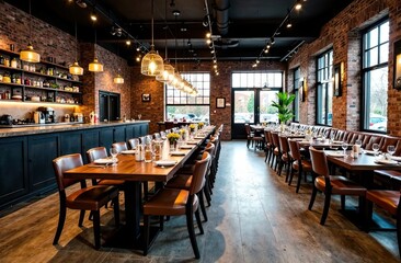 Beautifully arranged dining space showcases wooden tables, leather seating, and warm lighting, creating a welcoming atmosphere for guests. Generative AI