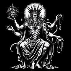 Mythical figure with multiple arms and crowns.