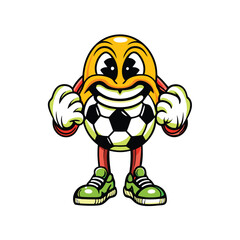 Design a playful mascot, possibly animal-based, joyfully holding a soccer ball; vibrant colors, cartoonish style.