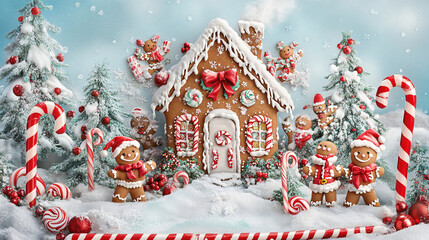 Fototapeta premium merry christmas,Gingerbread House with Candy Decorations A charming 3D gingerbread house surrounded by candy canes, gumdrops, Generative ai