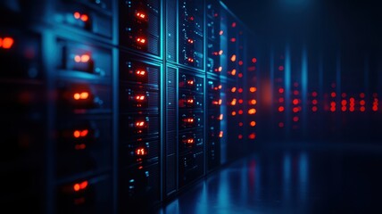 Obraz premium A dimly lit server room with rows of servers illuminated by red and blue lights, creating a high-tech, futuristic atmosphere.