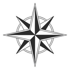 Obraz premium A black compass rose with sharp points and a ring border, symbolizing direction and navigation with intricate, minimalist artistry, isolated on a transparent background