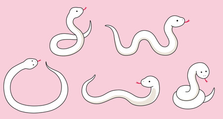 白蛇のベクターイラストセット。干支、十二支、へび、年賀