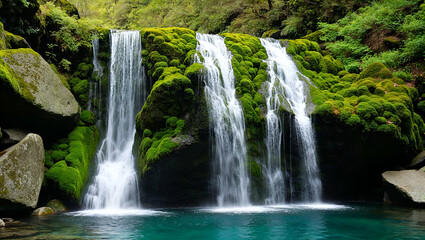 Fototapeta premium Serene waterfall cascading over mossy rocks in a lush green forest environment