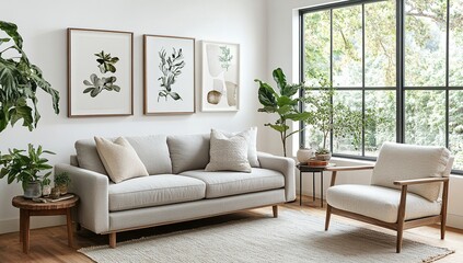 Fototapeta premium Modern Living Room Interior Design with Neutral Tones and Natural Light, Featuring Comfortable Sofa and Armchair