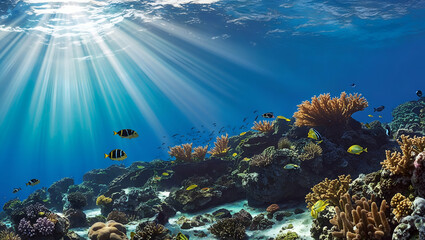 Obraz premium Underwater coral reef teeming with life and sunlight filtering through in a vibrant marine ecosystem
