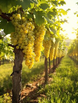 abundant sauvignon blanc grapes hanging from vine in vineyard, grapes, vineyard, vine