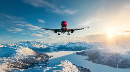 Majestic Airplane Flying over Stunning Snow-Covered Scenery in Clear Blue Sky