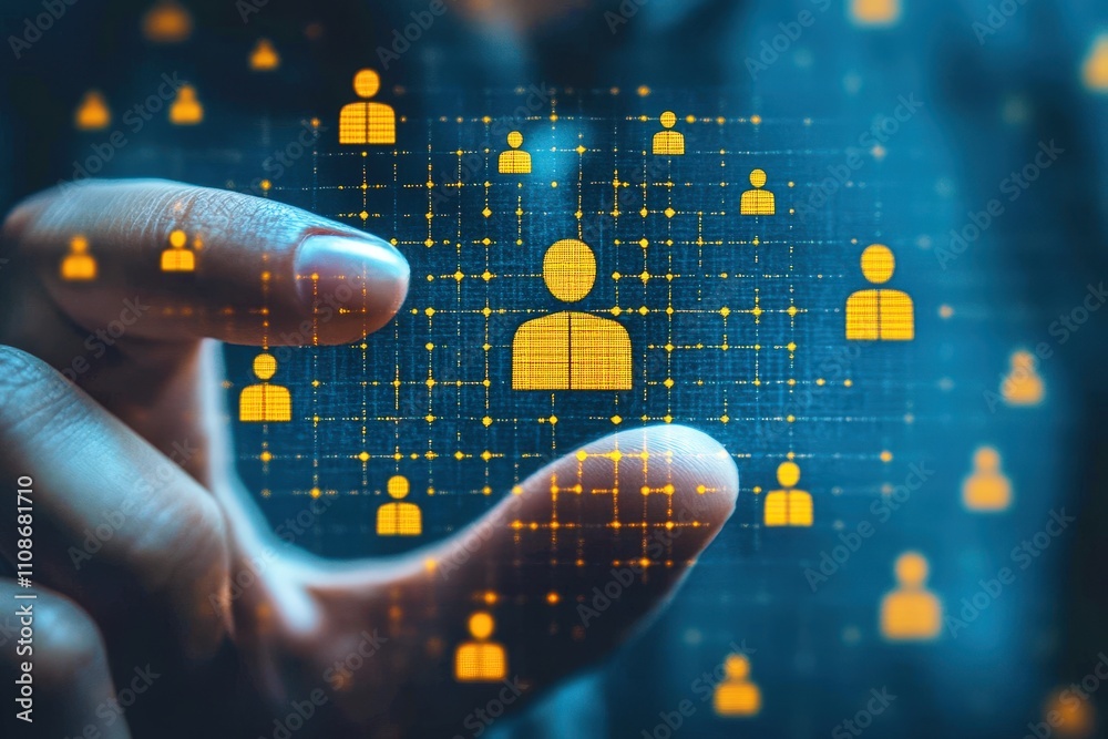 Wall mural hand reaching towards digital network with human icons representing connection and communication in 