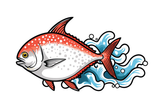 Create a vibrant vector illustration of an opah fish, showcasing its unique reddish-pink coloration and large, round body.  Include detailed fin and eye depiction.