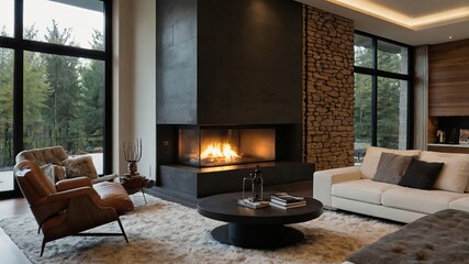 Fototapeta premium Modern design living room with fireplace, 8k