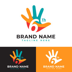 Fototapeta premium Hi five hand gesture with hidden number six 6th 6 or 56th or 56 year or 65 year anniversary logo symbol icon flat stock vector design