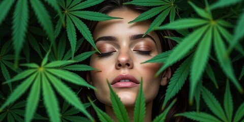 Naklejka premium Serene woman surrounded by vibrant green cannabis leaves, evoking nature and tranquility
