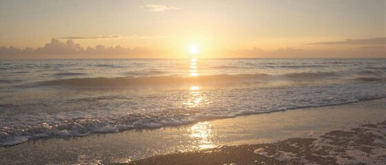 Fototapeta premium A serene ocean scene at dawn with the sun rising over the water, sky, sunrise