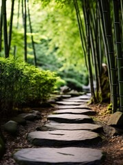the AI Image Generator,, Bamboo Pathway in a Tranquil Green Forest Setting