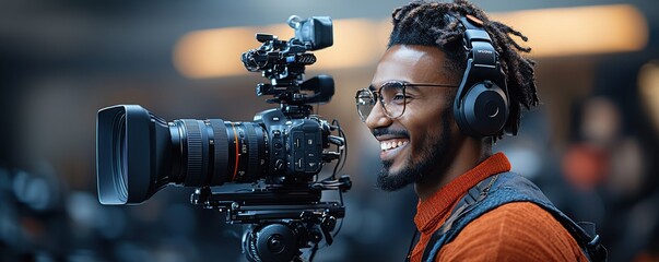 Smiling videographer wearing headphones operating professional camera.
