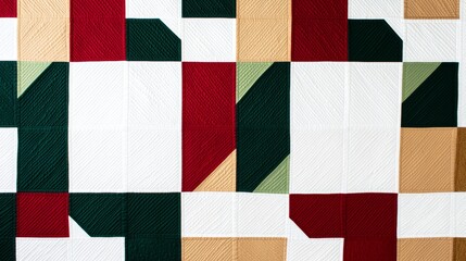 Fototapeta premium A vibrant quilt featuring geometric patterns in red, green, gold, and white, showcasing a modern design aesthetic.