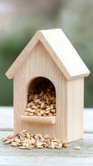 A charming wooden birdhouse filled with seeds, perfect for attracting feathered friends to your garden.