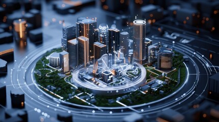 Obraz premium Futuristic smart city model with illuminated skyscrapers and digital circular interface on a black background