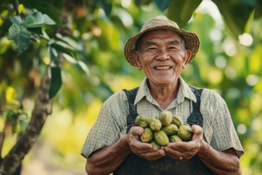 Celebrating National Cashew Day Senior Farmers Joyful Harvest in a Sunlit Orchard - Powered by Adobe