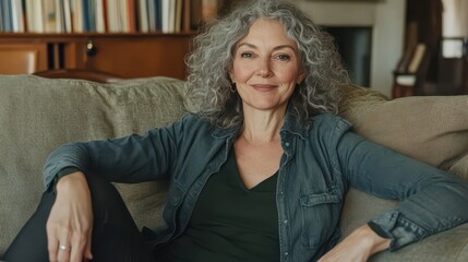 Relaxed Woman Smiling in Cozy Living Room Setting
