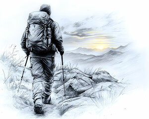 Hiker with backpack trekking mountain at sunrise.