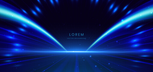 Obraz premium Abstract scene elegant gold light ray on Hi speed motion moving concept on dark blue background.