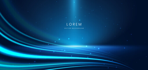 Abstract scene elegant blue light lines on dark background with lighting effect and sparkle.