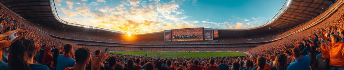 Fototapeta premium Vibrant Football Celebration in Packed Stadium at Sunset Festive Fans and Exciting Match Atmosphere