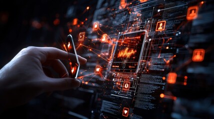 Fototapeta premium Hand interacting with a futuristic digital interface displaying glowing red icons and connections on a dark background.