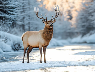 Obraz premium Majestic elk standing in snowy winter landscape near a frozen river.