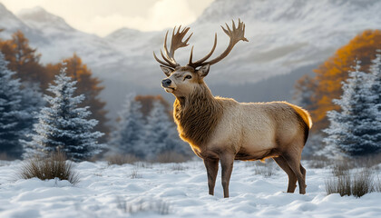 Majestic red deer stag in snowy mountain landscape.