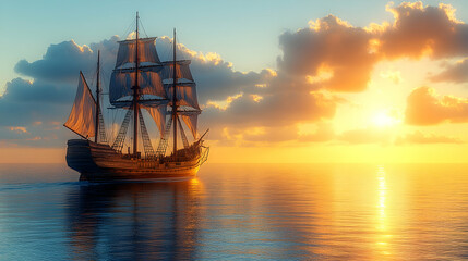 Obraz premium Majestic sailing ship at sunset on calm ocean. (5)