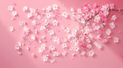 Obraz premium Beautiful springtime composition of white and pink blossoms on pink surface, tranquility, delicate touch, aesthetics, flower arrangement, sophisticated