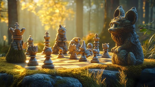 Fantasy chess game in a mystical forest setting with stone animal chess pieces. 