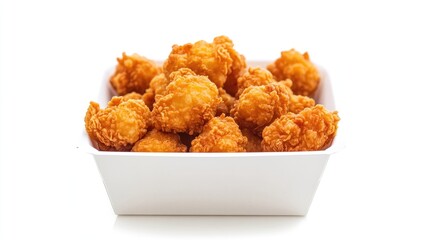 Crispy fried chicken popcorn arranged in a white cardboard fast food box, isolated against a clean white background, perfect for highlighting the deliciousness of fried chicken popcorn.