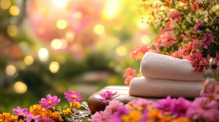 Indulge in a beautiful holistic spa treatment surrounded by vibrant flowers. This serene spa treatment photo captures the essence of relaxation and rejuvenation with ample copy space.