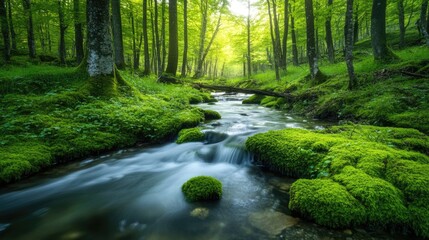 Fototapeta premium Serene forest stream flowing gently through lush green moss, capturing the tranquil beauty of nature with inviting spaces for text and design elements.