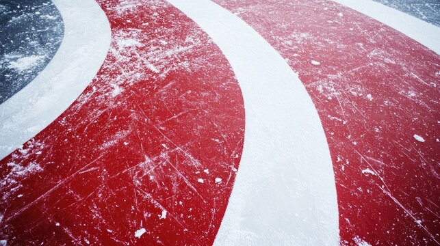 High-angle shot capturing red and white ice rink markings, highlighting the vibrant contrast and unique patterns of the ice rink. Ideal for sports and design themes with ample copy space.