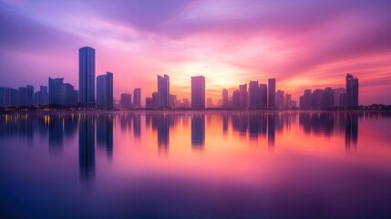 Fototapeta premium A stunning city skyline reflected in tranquil waters at sunrise, capturing the vibrant lights and the vibrant aesthetic of contemporary urban life. Photo style with ample copy space.