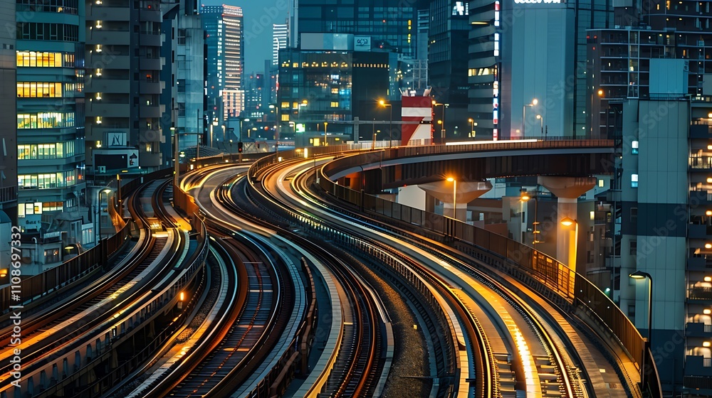 Canvas Prints A vibrant cityscape at dusk, showcasing illuminated train tracks weaving through urban architecture.