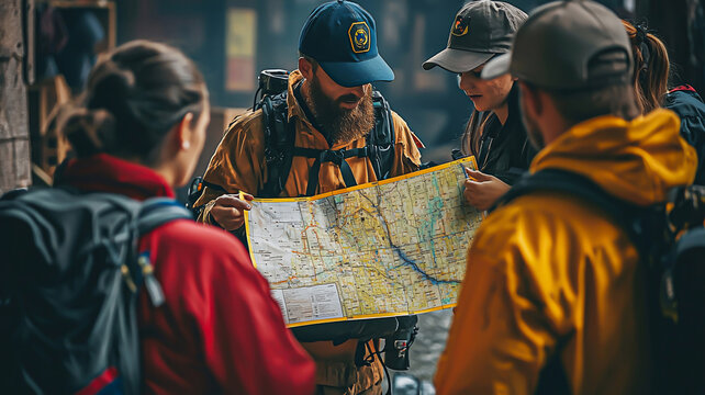 Rescue team discussing over map to find best plan.