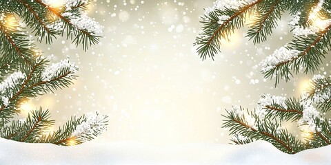 A Festive Winter Wonderland: Snowy Pine Branches with Golden Lights and Falling Snow for a Merry Christmas Background