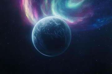 Obraz premium A frozen planet covered in snow and ice, surrounded by a cosmic nebula with auroras in a spiral galaxy pattern. A serene winter and outer space combination, ideal for futuristic or seasonal creative 