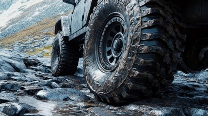 A realistic depiction of an SUV tire with heavy-duty tread patterns, placed on a rocky, uneven surface